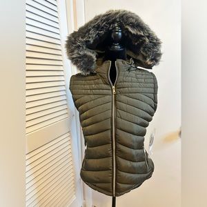 Olive Green Puffer Vest with Detachable Faux Fur Hood